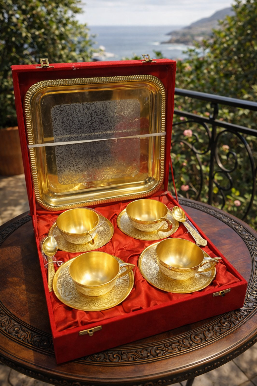 Engraved Brass 4 Tea Cup Saucer Set W/tray & Red Velvet Box