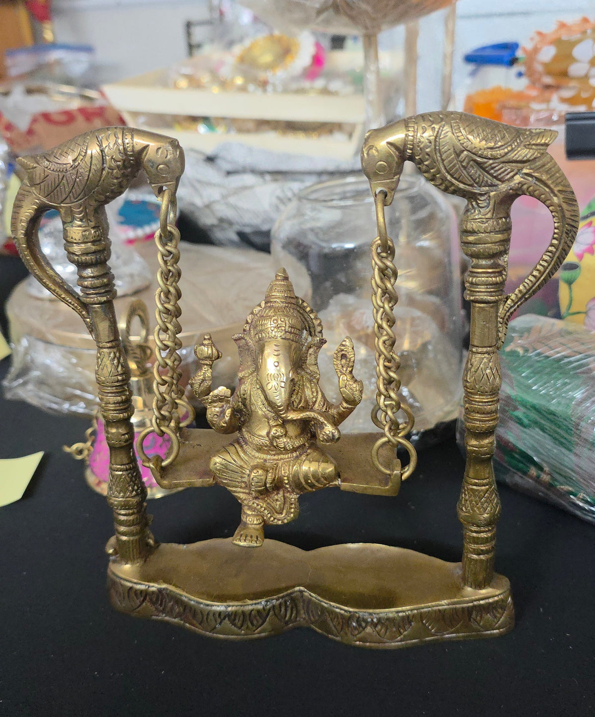 8-Inch Ganesha Statue on a Jhoola-Swing featuring Dual Parrot-Adorned Chains