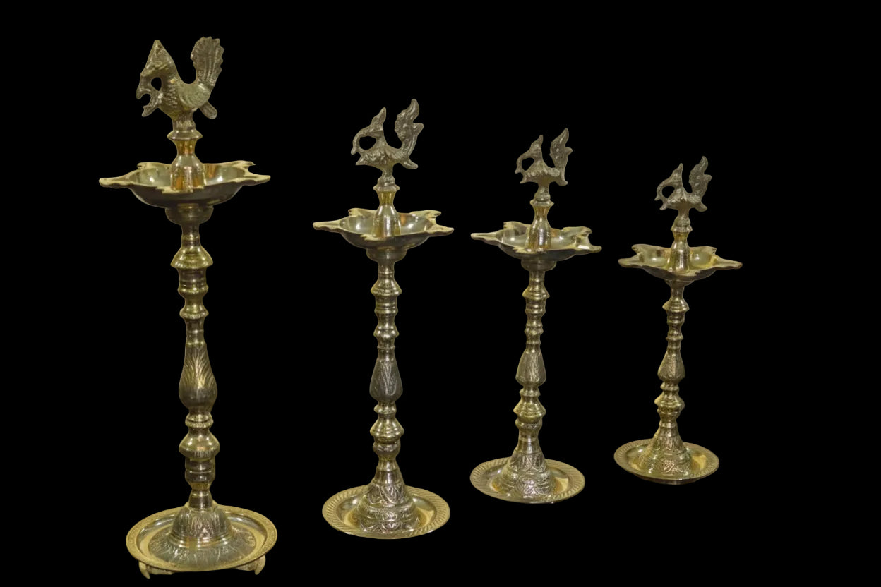 48" Large Carved Brass Peacock Annam Lamp - Handmade Traditional Temple Oil Lamp for Grand Entrance Lobby Spiritual Decor