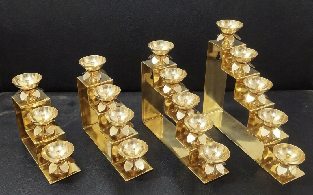 Tiered brass oil lamp holders in 4, 5, and 7-step,