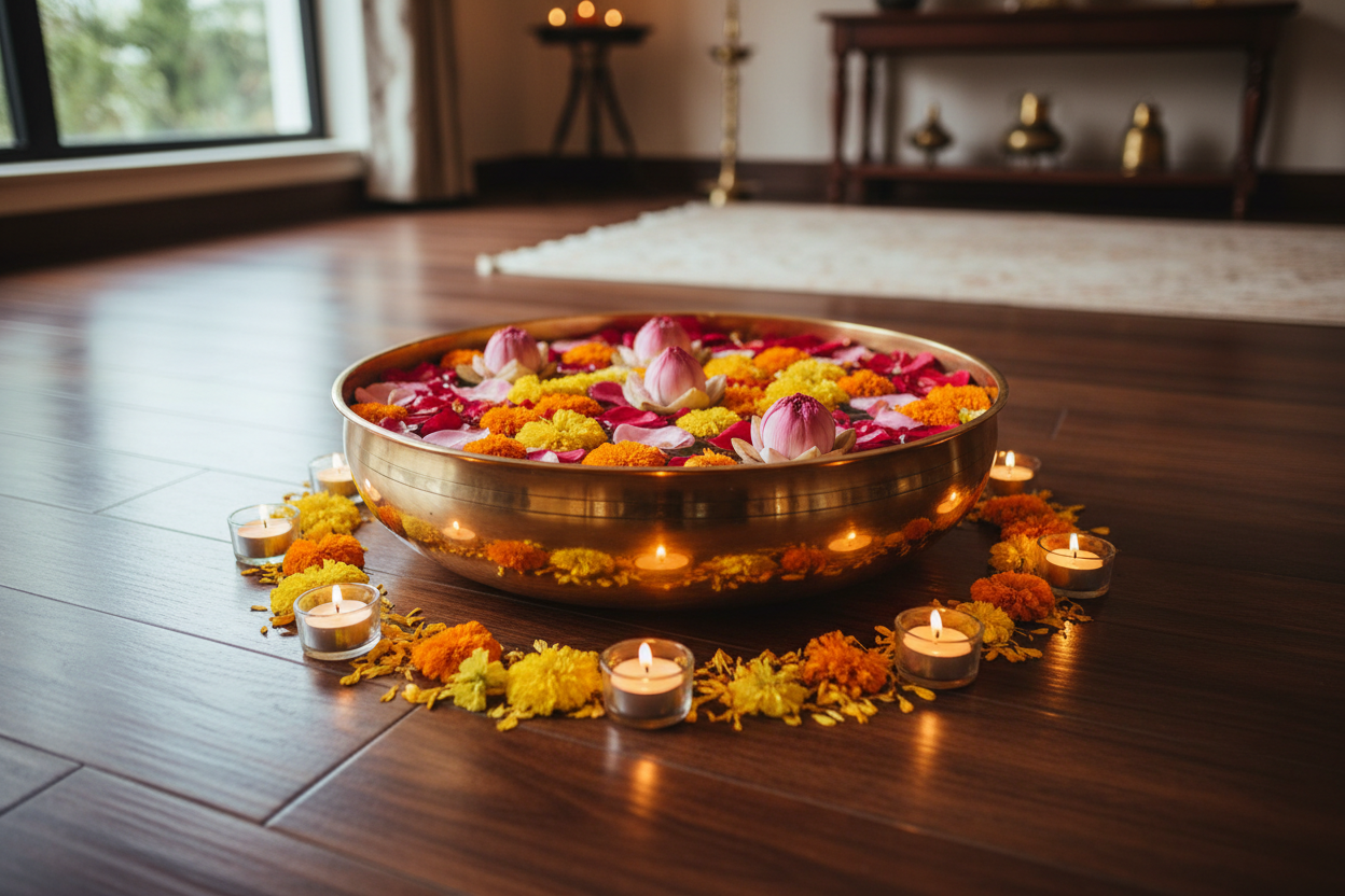 create a floor decor with indian urli from my gallery