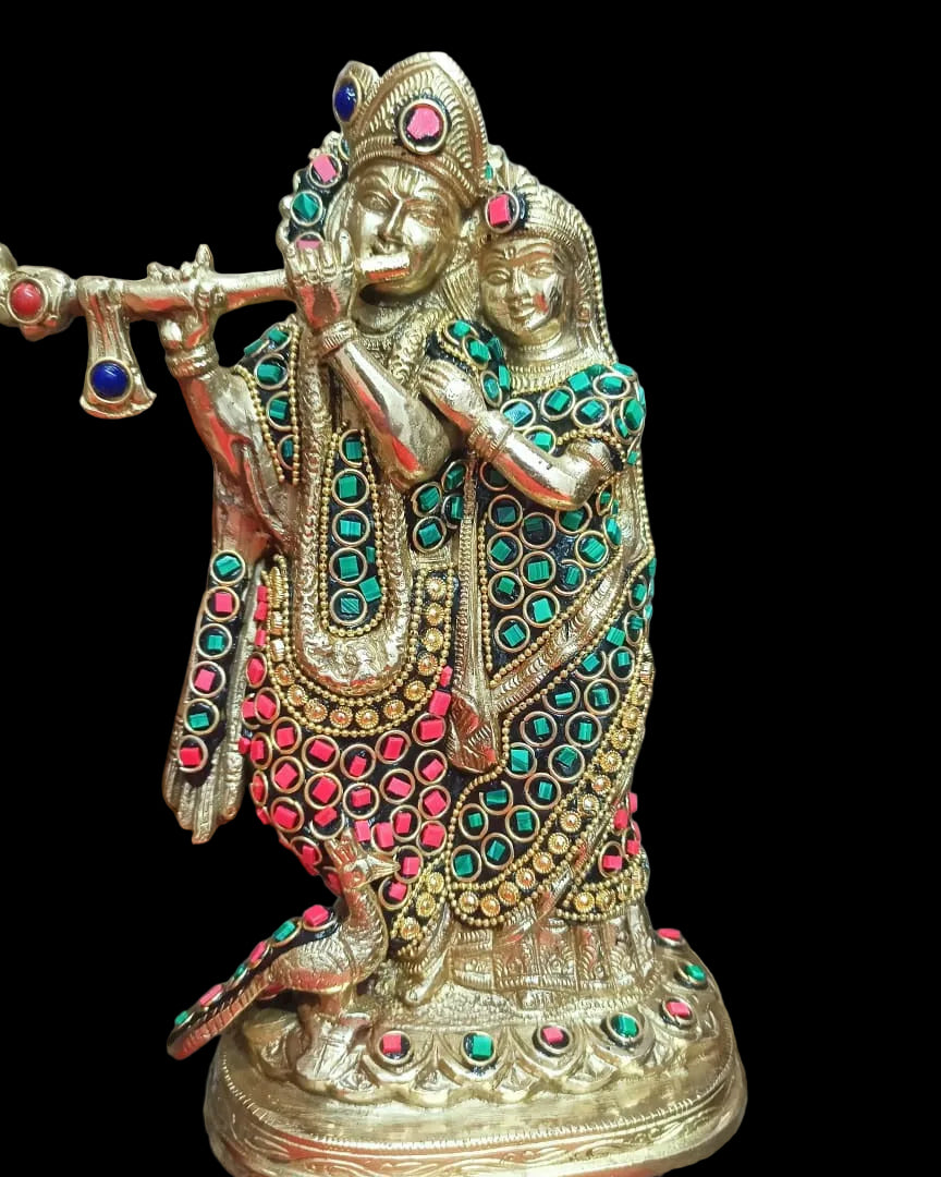 Radha-Krishna Brass Idol with colorful stone work