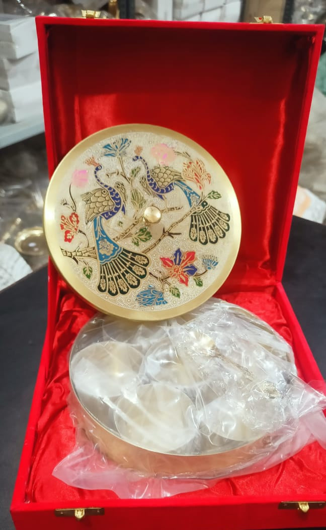 Brass spice box- color peacock 6"- red velvet box