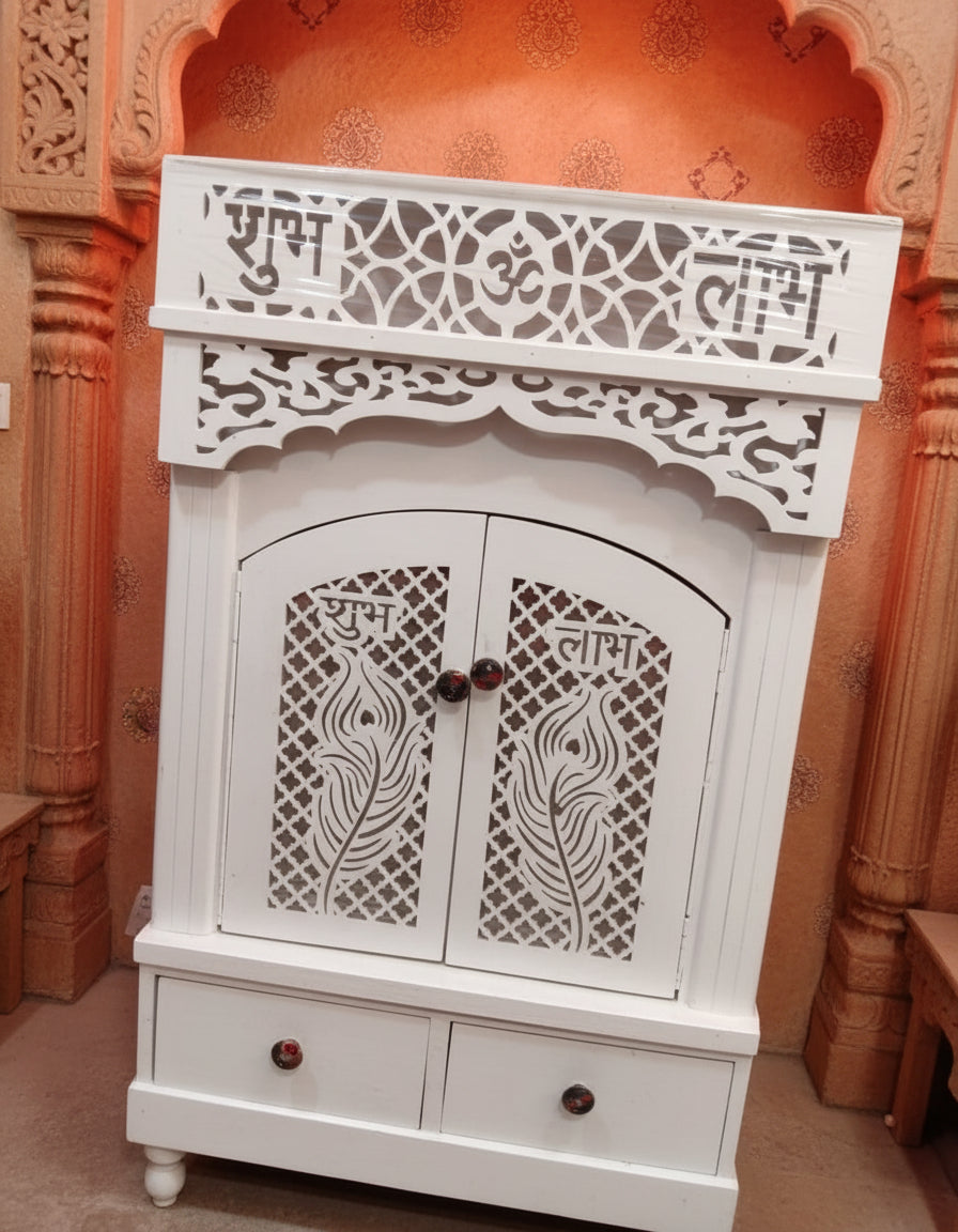Large White Handcrafted Wooden Temple / Mandir with 'Shubh Labh' Carving, Storage Drawers and LED lights