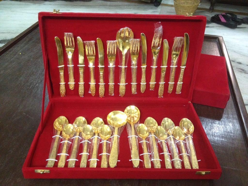 Royal Gold-Plated Brass Cutlery Set - 27 Piece Handcrafted Flatware in Velvet Gift Box