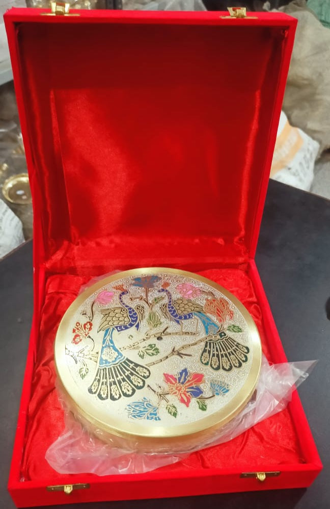 Brass spice box- color peacock 6"- red velvet box