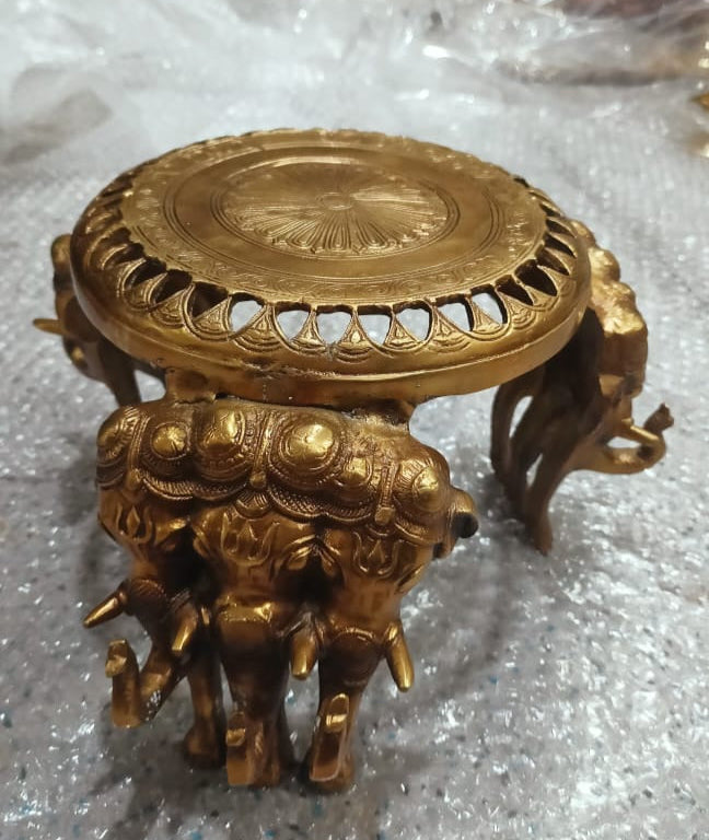 7.7" Handcrafted Brass Ritual Chowki – Tripod Elephant Pedestal Stool