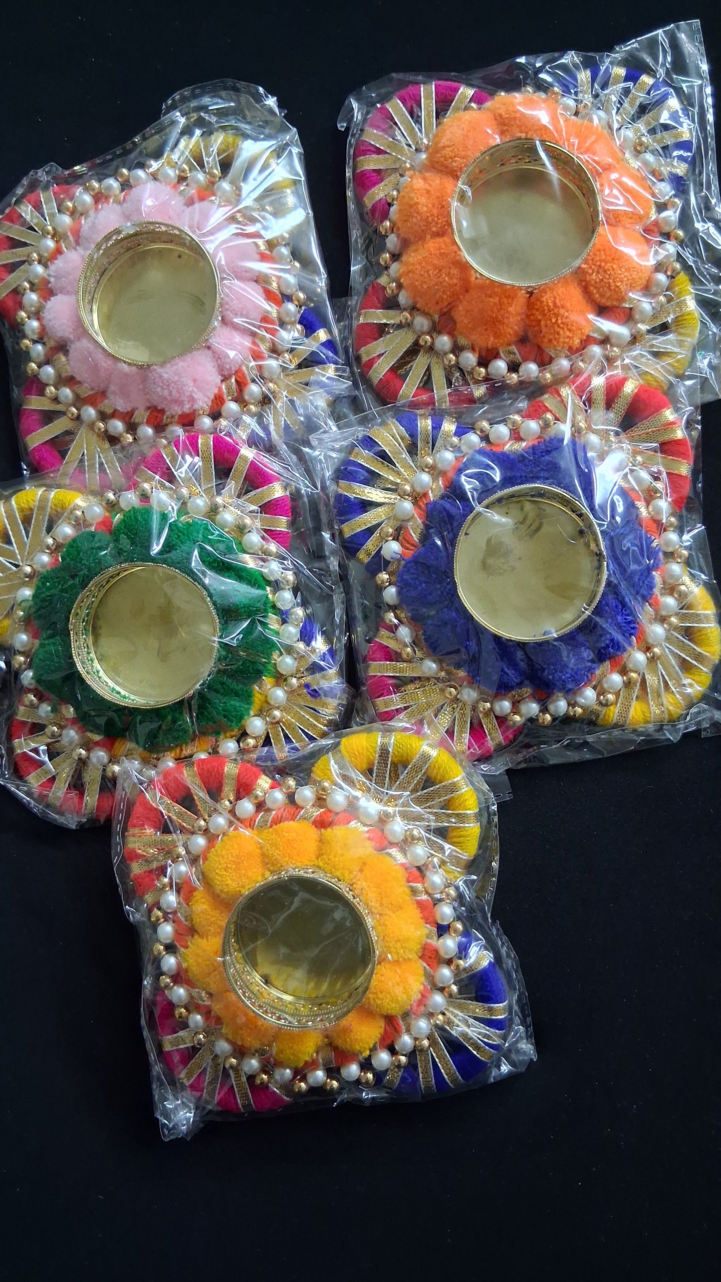 Handcrafted pompom Chakra tealight holder