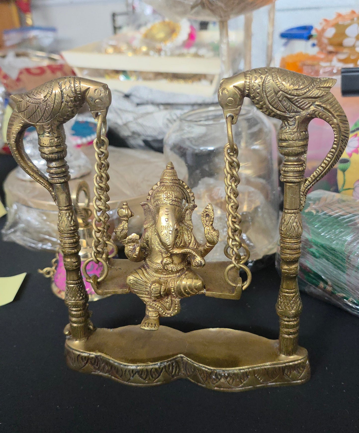 8-Inch Ganesha Statue on a Jhoola-Swing featuring Dual Parrot-Adorned Chains