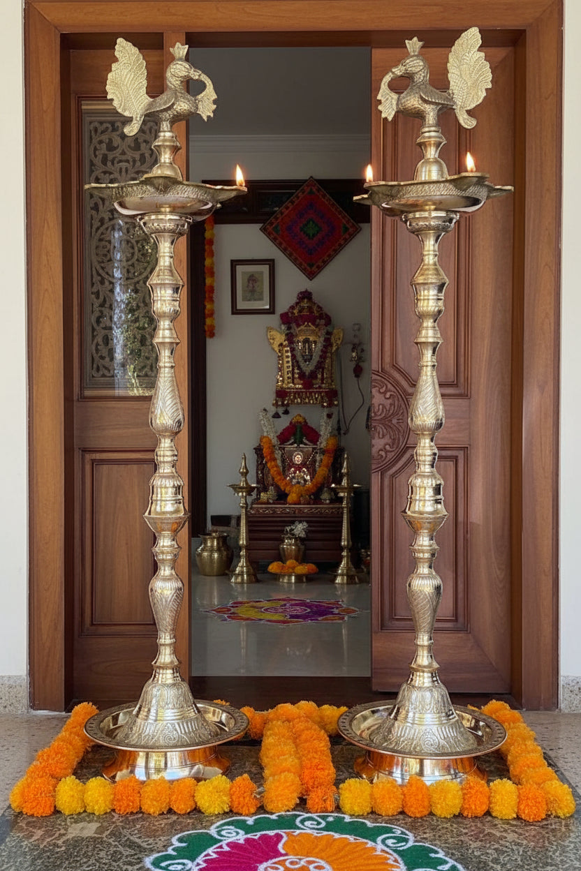 48" Large Carved Brass Peacock Annam Lamp - Handmade Traditional Temple Oil Lamp for Grand Entrance Lobby Spiritual Decor