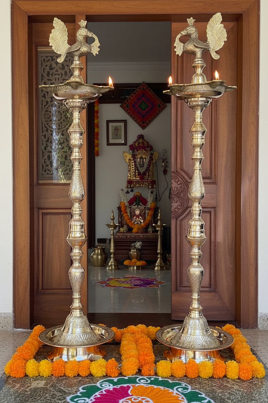 48" Large Carved Brass Peacock Annam Lamp - Handmade Traditional Temple Oil Lamp for Grand Entrance Lobby Spiritual Decor