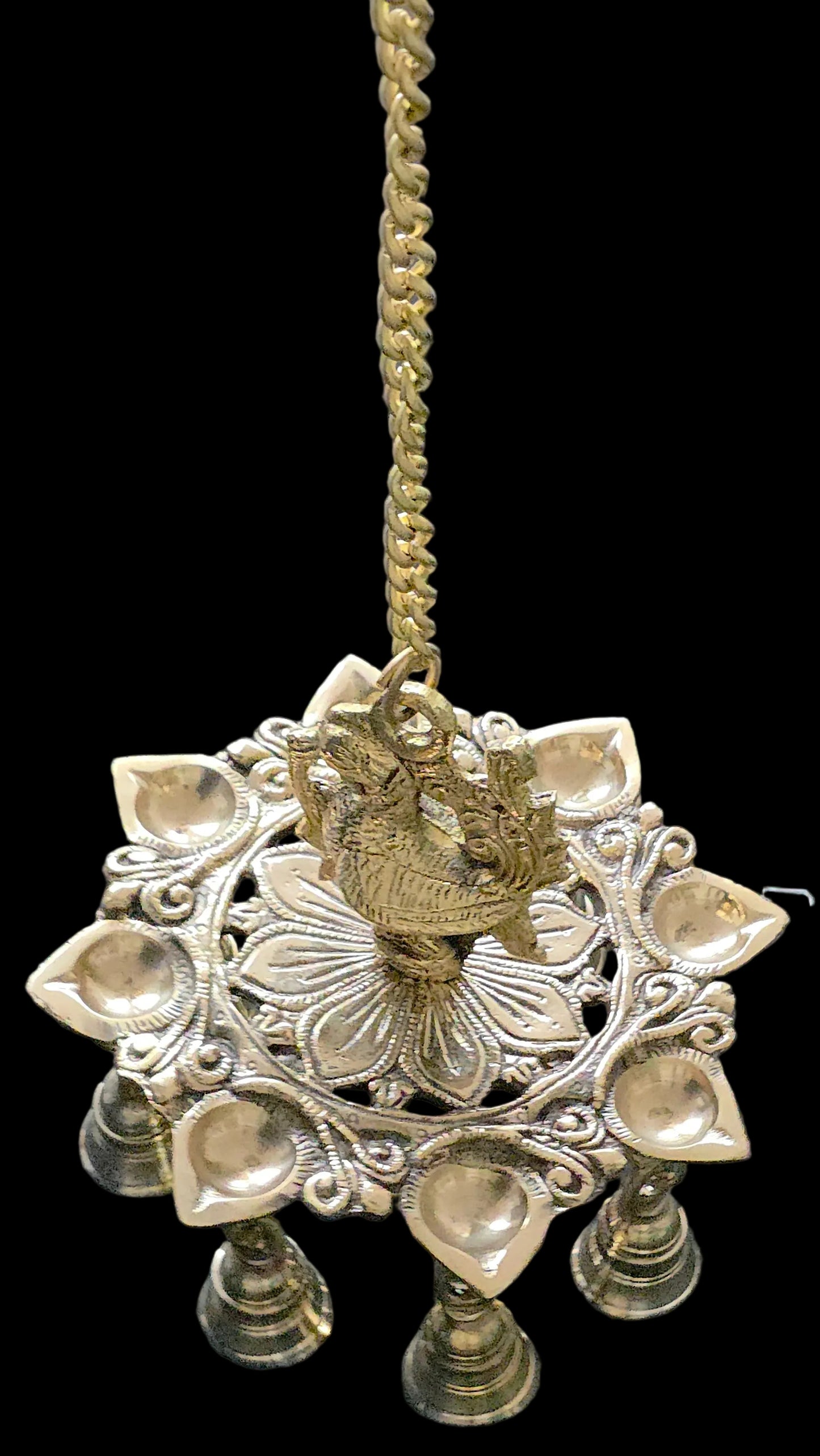 Brass Thooku Vilakku with Bells/Brass peacock hanging oil lamp
