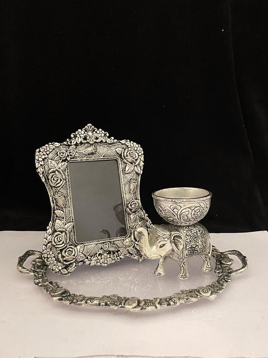 German Silver Gift Set: Elephant Bowl, Tray & Frame - Indian Wedding Favor