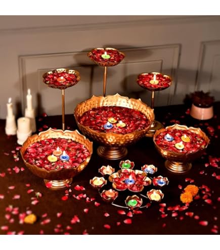 Taj Iron Urli Bowl Set: Floating Diya Candle Stands with Rangoli, Diwali Decor (10 PCS)