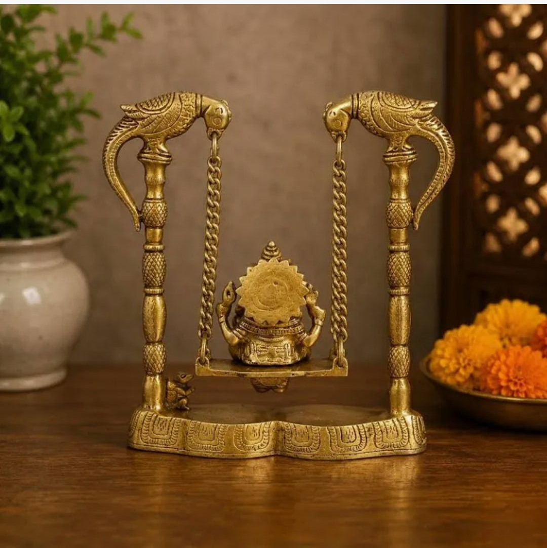 8-Inch Ganesha Statue on a Jhoola-Swing featuring Dual Parrot-Adorned Chains