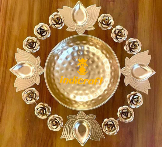 Metal Urli Bowl with attached Lotus Diyas and Rose motifs