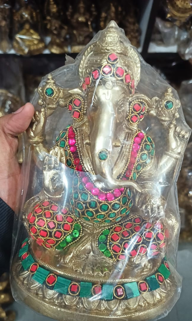Brass Ganesha Idol with colorful stone work