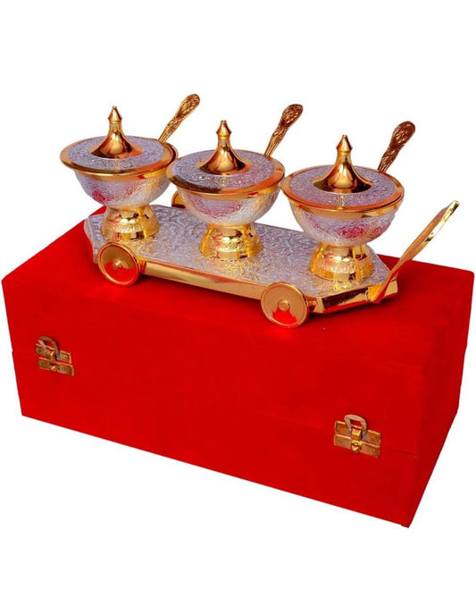 Silver & Gold Plated Brass Bowl Set on Trolley Velvet Box 3-Bowl