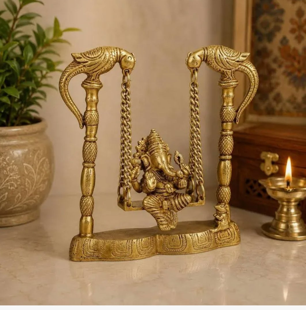 8-Inch Ganesha Statue on a Jhoola-Swing featuring Dual Parrot-Adorned Chains