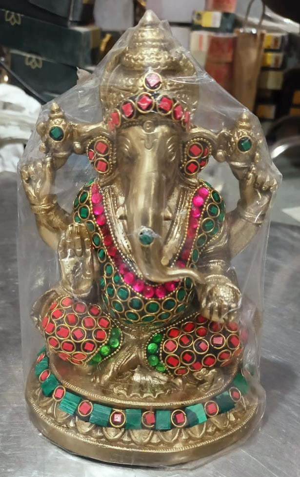 Brass Ganesha Idol with colorful stone work