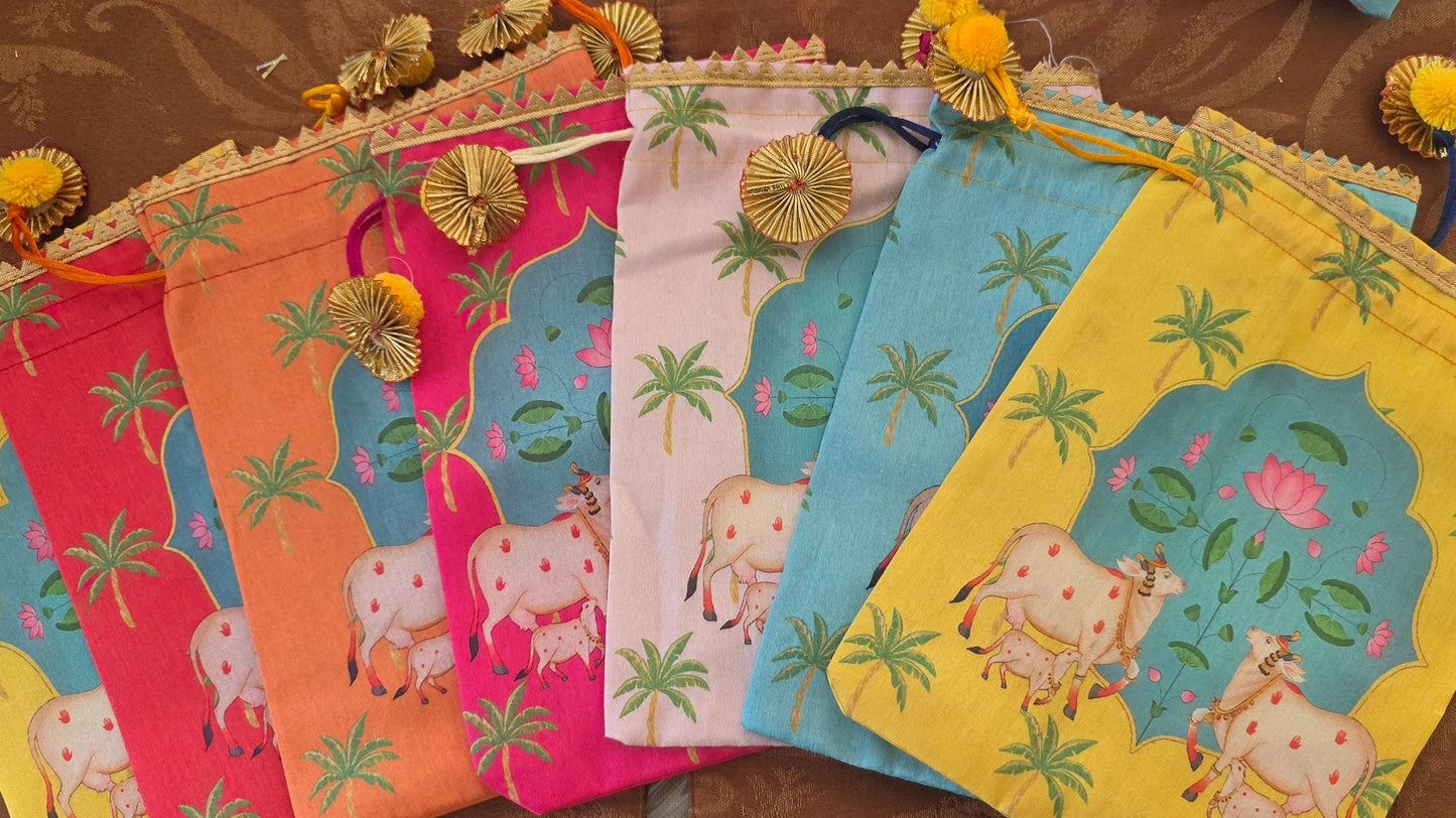 Colorful fabric bags with animal designs