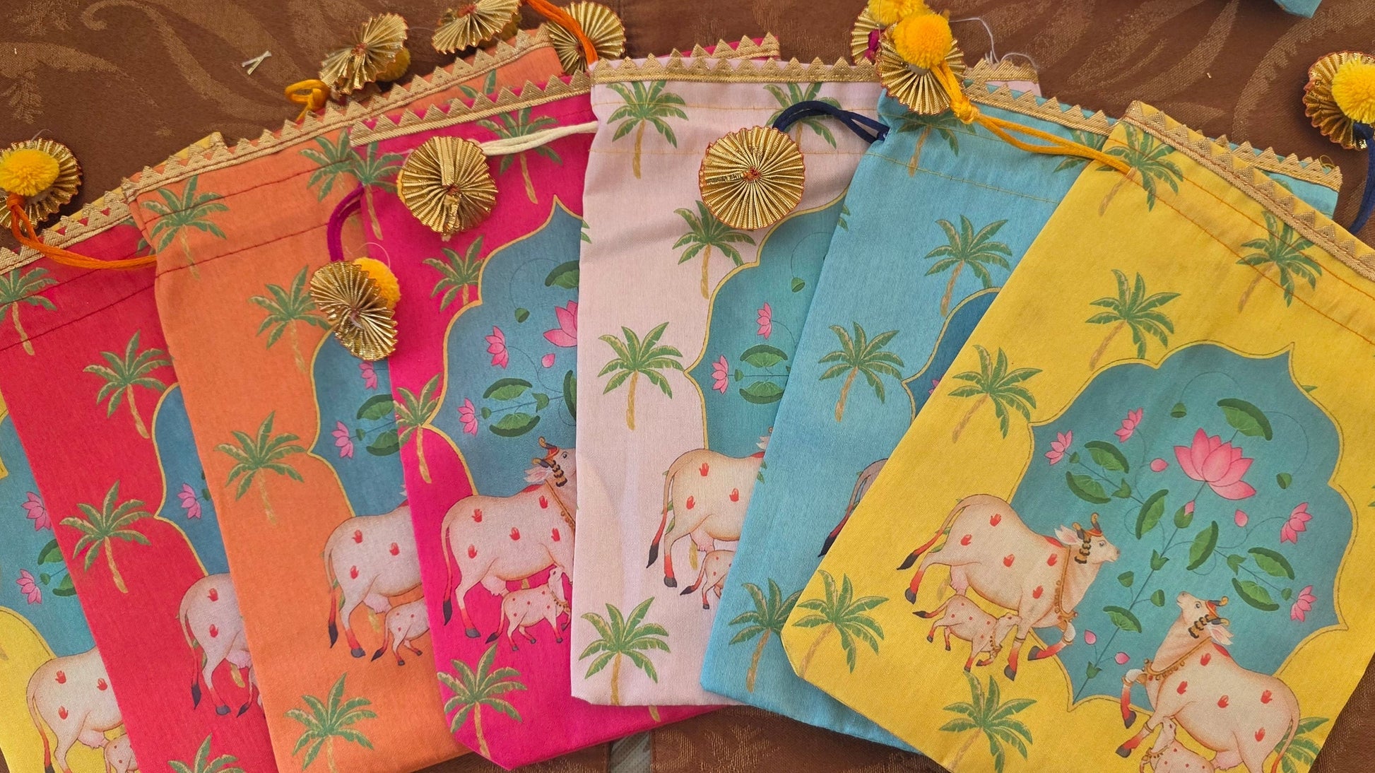 Colorful fabric bags with animal designs
