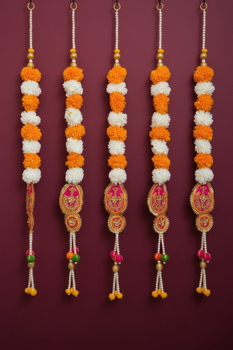 Marigold hanging with gota patti and pompom tassel( pair)