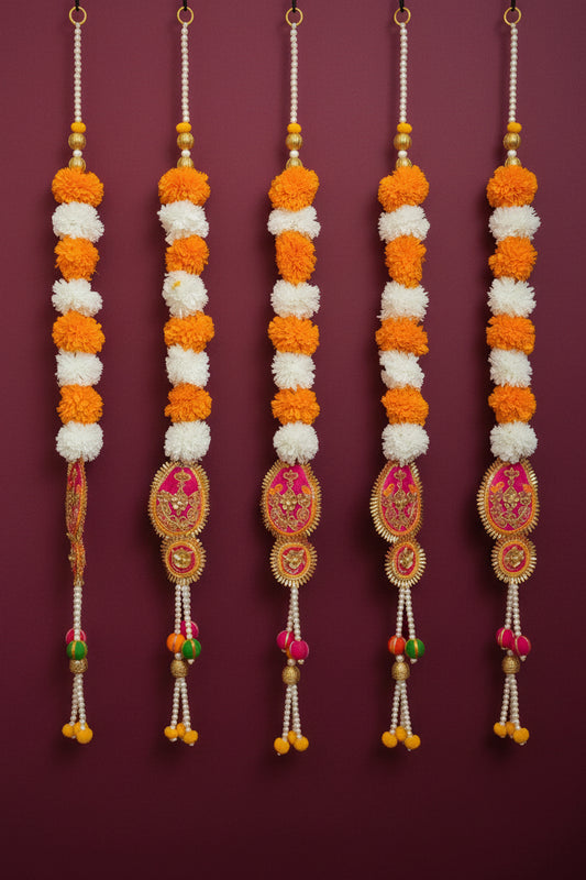 Marigold hanging with gota patti and pompom tassel( pair)