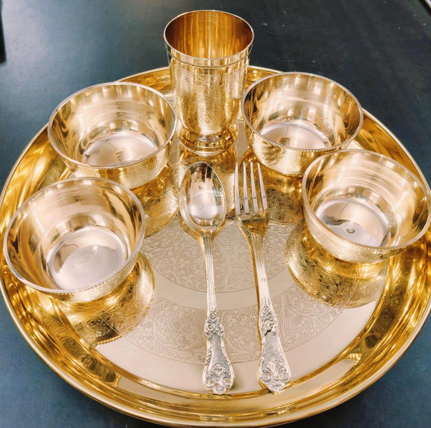 Pure Brass engraved flower design Dinner Set: 8-piece