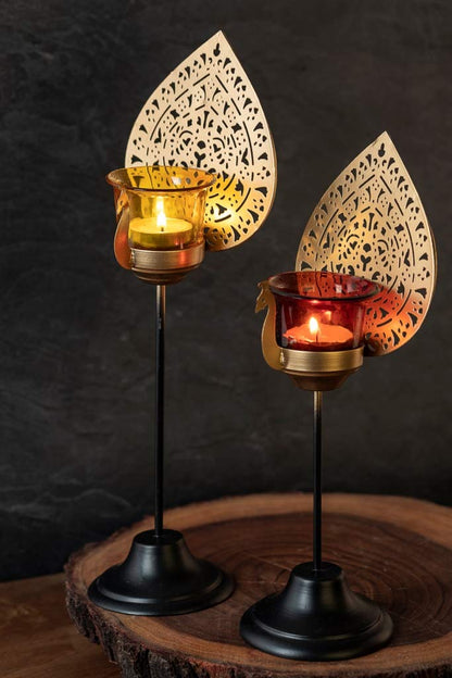 Gold Filigree Leaf/Peacock Tealight Candle Holders[set of 2]