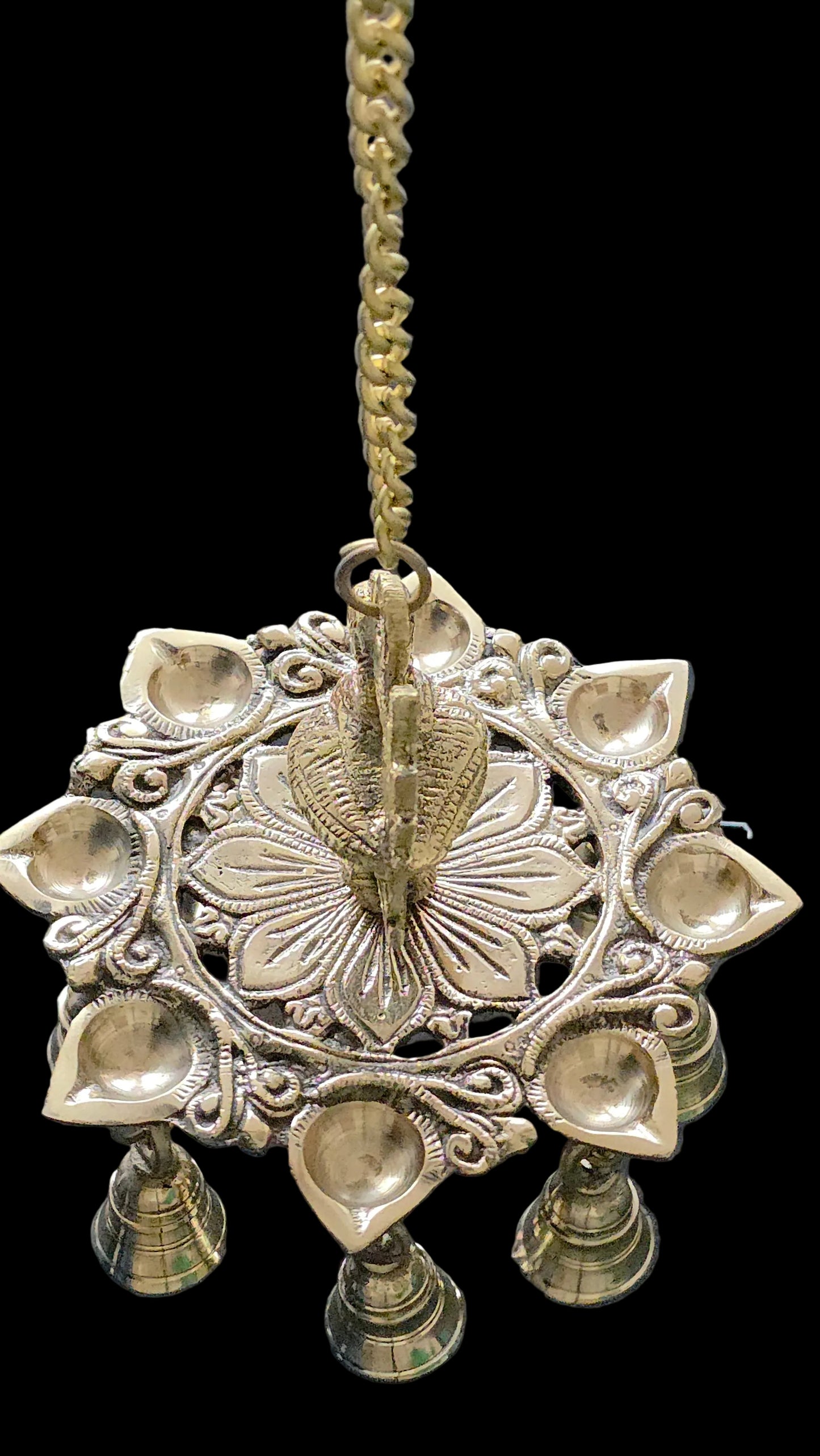 Brass Thooku Vilakku with Bells/Brass peacock hanging oil lamp