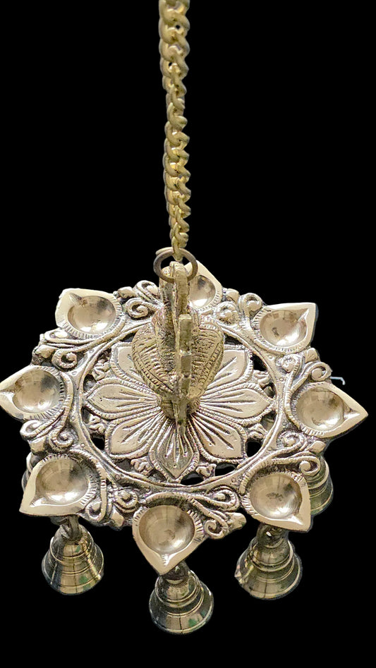 Brass Thooku Vilakku with Bells/Brass peacock hanging oil lamp