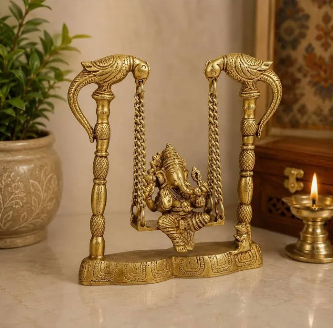 8-Inch Ganesha Statue on a Jhoola-Swing featuring Dual Parrot-Adorned Chains