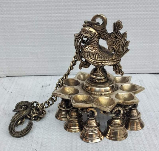 Brass Thooku Vilakku with Bells/Brass peacock hanging oil lamp