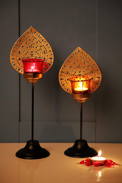 Gold Filigree Leaf/Peacock Tealight Candle Holders[set of 2]