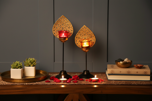 Gold Filigree Leaf/Peacock Tealight Candle Holders[set of 2]